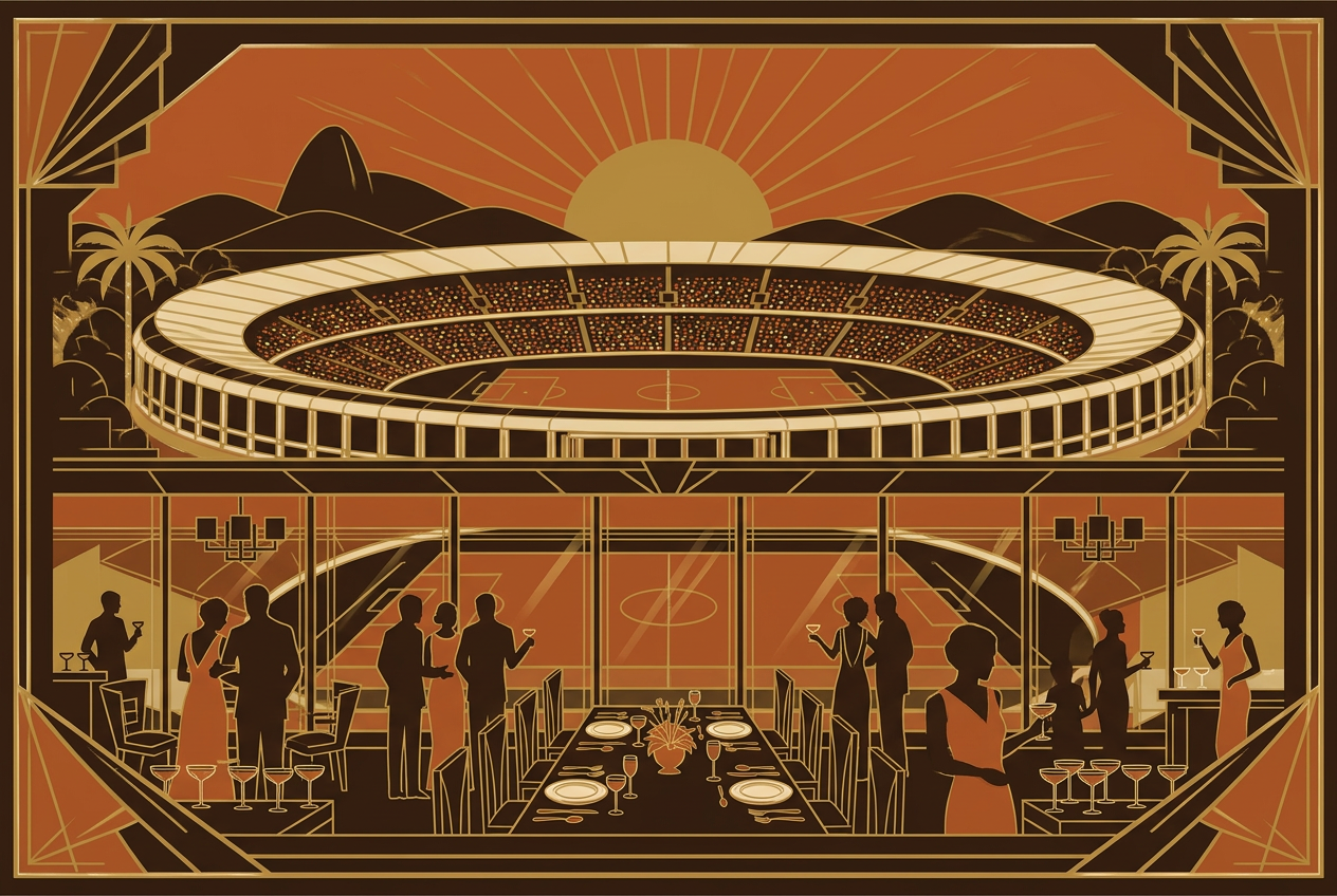 Art deco illustration of a stadium above a private hospitality lounge