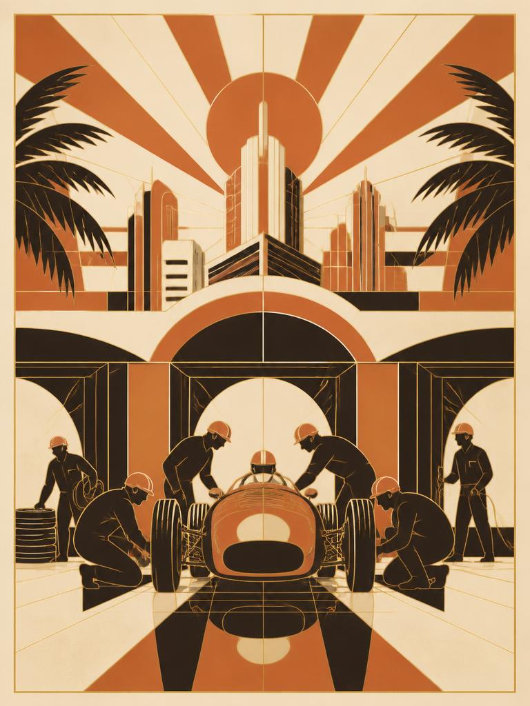F1 Paddock — Miami, art deco illustration